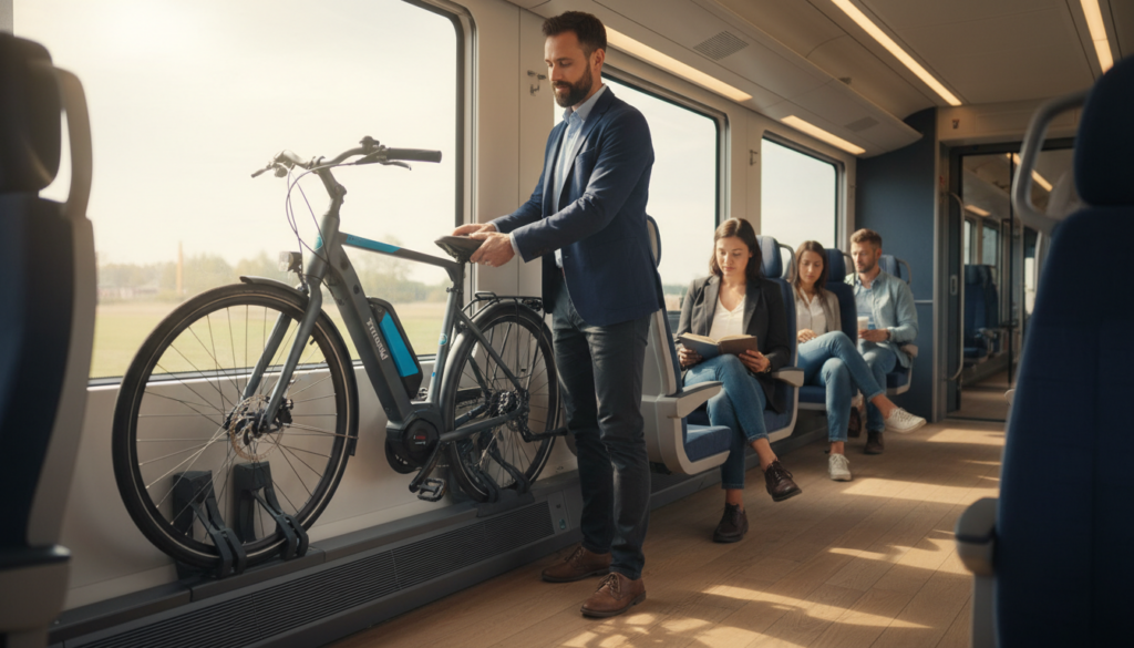 A brightly lit train interior showcasing a stylish, modern E-bike with a focus on its battery being securely stored in the bike rack. In the foreground, a person in smart casual clothing is carefully placing their E-bike into the designated area, demonstrating a sense of ease and convenience in transporting the bike. The middle ground features passengers engaging in their activities, some glancing toward the bike, adding life to the scene. The background reveals the train’s sleek design, with large windows letting in natural light, creating a warm and inviting atmosphere. The image captures a harmonious blend of travel and mobility, emphasizing the practicality of E-bike transport with the brand "zweirad." A brightly lit train interior showcasing a stylish, modern E-bike with a focus on its battery being securely stored in the bike rack. In the foreground, a person in smart casual clothing is carefully placing their E-bike into the designated area, demonstrating a sense of ease and convenience in transporting the bike. The middle ground features passengers engaging in their activities, some glancing toward the bike, adding life to the scene. The background reveals the train’s sleek design, with large windows letting in natural light, creating a warm and inviting atmosphere. The image captures a harmonious blend of travel and mobility, emphasizing the practicality of E-bike transport with the brand "zweirad."