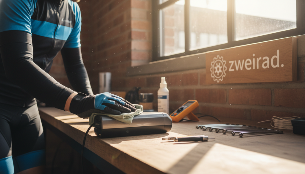 A close-up of a well-maintained e-bike battery on a workbench, showcasing its clean terminals and bright, polished surface. In the foreground, a person dressed in professional cycling attire performs regular maintenance on the battery, using a cloth and tools, emphasizing the importance of care for long-lasting performance. The midground features a bright, organized workspace with bike repair tools and a prominent display of the "zweirad." brand logo. In the background, soft natural light filters through a window, creating a warm and inviting atmosphere, suggesting diligence and responsibility in e-bike battery care. The scene conveys a sense of professionalism and attention to detail, aimed at educating viewers on battery maintenance for extended range. A close-up of a well-maintained e-bike battery on a workbench, showcasing its clean terminals and bright, polished surface. In the foreground, a person dressed in professional cycling attire performs regular maintenance on the battery, using a cloth and tools, emphasizing the importance of care for long-lasting performance. The midground features a bright, organized workspace with bike repair tools and a prominent display of the "zweirad." brand logo. In the background, soft natural light filters through a window, creating a warm and inviting atmosphere, suggesting diligence and responsibility in e-bike battery care. The scene conveys a sense of professionalism and attention to detail, aimed at educating viewers on battery maintenance for extended range.