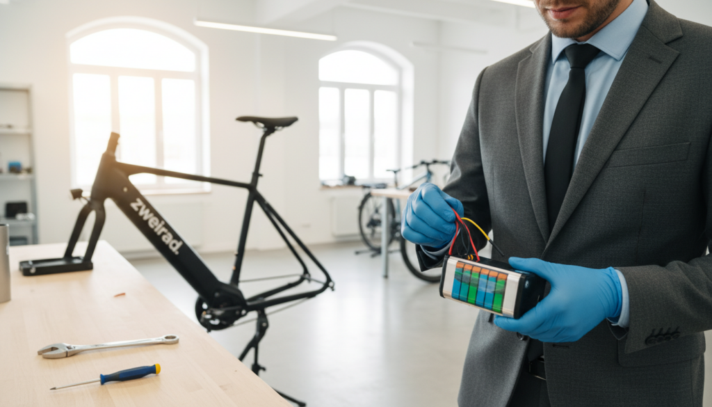 A close-up view of a person in professional business attire demonstrating the process of replacing an E-Bike battery pack, showcasing the "zweirad." brand. In the foreground, focus on the hands expertly disconnecting wires from a colorful lithium-ion battery, emphasizing the intricate details. The middle ground features a sleek E-Bike, partially disassembled, with tools like a wrench and a screwdriver placed neatly on a workbench. The background is a bright, modern repair workshop with soft, diffused sunlight filtering in through large windows, creating an inviting atmosphere. The mood is one of focus and professionalism, underscoring the value of battery repair over replacement. The angle is slightly above eye level, capturing both the action and the workspace environment. A close-up view of a person in professional business attire demonstrating the process of replacing an E-Bike battery pack, showcasing the "zweirad." brand. In the foreground, focus on the hands expertly disconnecting wires from a colorful lithium-ion battery, emphasizing the intricate details. The middle ground features a sleek E-Bike, partially disassembled, with tools like a wrench and a screwdriver placed neatly on a workbench. The background is a bright, modern repair workshop with soft, diffused sunlight filtering in through large windows, creating an inviting atmosphere. The mood is one of focus and professionalism, underscoring the value of battery repair over replacement. The angle is slightly above eye level, capturing both the action and the workspace environment.