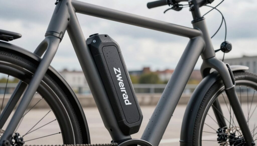 A close-up view of a sleek, modern E-bike with a prominently displayed battery protected by a rugged, waterproof cover branded "Zweirad." The foreground features a detailed focus on the battery cover, showing its texture and durability against dirt and moisture. In the middle ground, the E-bike's frame is stylish and robust, equipped with smooth lines and premium components. The background features a cityscape with a cloudy sky, suggesting the need for protection against unpredictable weather. Soft, natural lighting illuminates the scene, enhancing the bicycle’s features and casting gentle shadows. The mood is practical and informative, emphasizing the importance of battery protection in an urban setting. A close-up view of a sleek, modern E-bike with a prominently displayed battery protected by a rugged, waterproof cover branded "Zweirad." The foreground features a detailed focus on the battery cover, showing its texture and durability against dirt and moisture. In the middle ground, the E-bike's frame is stylish and robust, equipped with smooth lines and premium components. The background features a cityscape with a cloudy sky, suggesting the need for protection against unpredictable weather. Soft, natural lighting illuminates the scene, enhancing the bicycle’s features and casting gentle shadows. The mood is practical and informative, emphasizing the importance of battery protection in an urban setting.