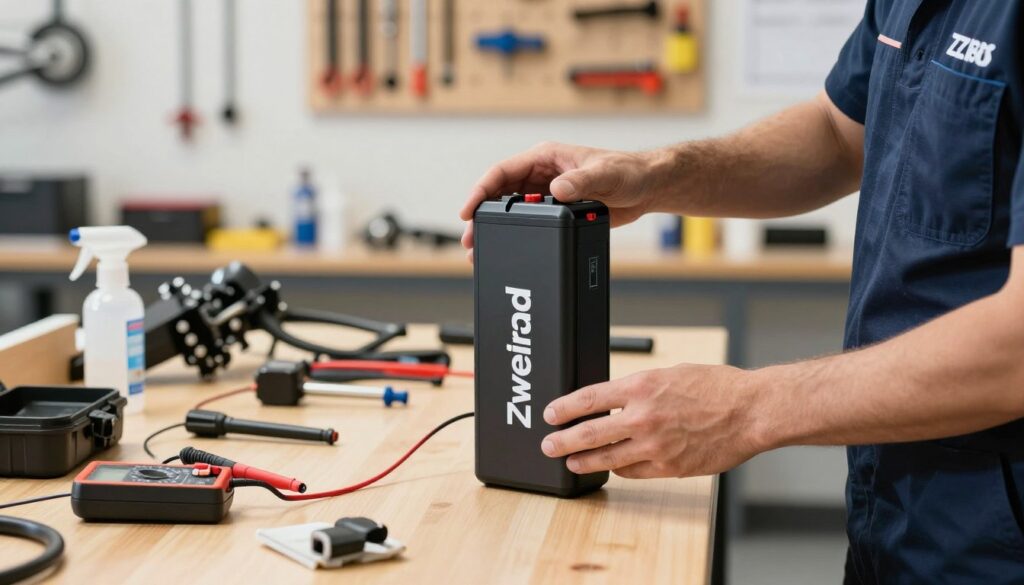 A close-up view of a sleek, modern electric bike battery, prominently featuring the brand name "Zweirad." The battery is being carefully handled by a technician in professional attire, demonstrating meticulous care for its maintenance. In the foreground, tools for battery care—such as a multimeter, cleaning supplies, and a protective case—are arranged neatly. The middle ground showcases a bright, well-lit workshop with a workbench filled with various e-bike components, emphasizing a professional environment. The background features a wall of organized tools and safety equipment, softly blurred to keep focus on the battery maintenance. The lighting is bright and inviting, creating a warm, proactive atmosphere that conveys reliability and expertise, perfect for conveying the message of maintaining battery life for optimal performance. A close-up view of a sleek, modern electric bike battery, prominently featuring the brand name "Zweirad." The battery is being carefully handled by a technician in professional attire, demonstrating meticulous care for its maintenance. In the foreground, tools for battery care—such as a multimeter, cleaning supplies, and a protective case—are arranged neatly. The middle ground showcases a bright, well-lit workshop with a workbench filled with various e-bike components, emphasizing a professional environment. The background features a wall of organized tools and safety equipment, softly blurred to keep focus on the battery maintenance. The lighting is bright and inviting, creating a warm, proactive atmosphere that conveys reliability and expertise, perfect for conveying the message of maintaining battery life for optimal performance.