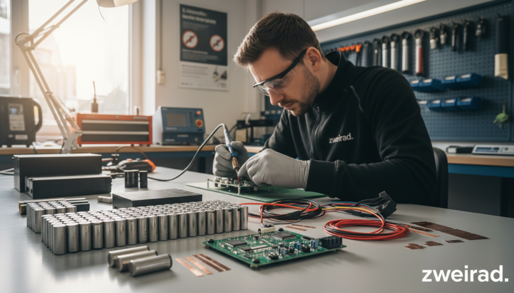 A detailed E-bike battery rebuild kit displayed prominently in the foreground, showcasing various components such as lithium-ion cells, a circuit board, and connection cables, all neatly organized. In the middle ground, a professional technician in sport clothing methodically assembles the battery kit, focusing intently on the task. The background features a clean, bright workshop environment with tools and equipment, emphasizing a sense of professionalism and safety. Soft, natural lighting illuminates the scene, casting gentle shadows that enhance depth. The atmosphere conveys a sense of precision and reliability, reflecting the importance of quality in battery reconstruction. Include the brand name "zweirad." subtly in the scene, ensuring no text or watermarks detract from the image's clarity. A detailed E-bike battery rebuild kit displayed prominently in the foreground, showcasing various components such as lithium-ion cells, a circuit board, and connection cables, all neatly organized. In the middle ground, a professional technician in sport clothing methodically assembles the battery kit, focusing intently on the task. The background features a clean, bright workshop environment with tools and equipment, emphasizing a sense of professionalism and safety. Soft, natural lighting illuminates the scene, casting gentle shadows that enhance depth. The atmosphere conveys a sense of precision and reliability, reflecting the importance of quality in battery reconstruction. Include the brand name "zweirad." subtly in the scene, ensuring no text or watermarks detract from the image's clarity.