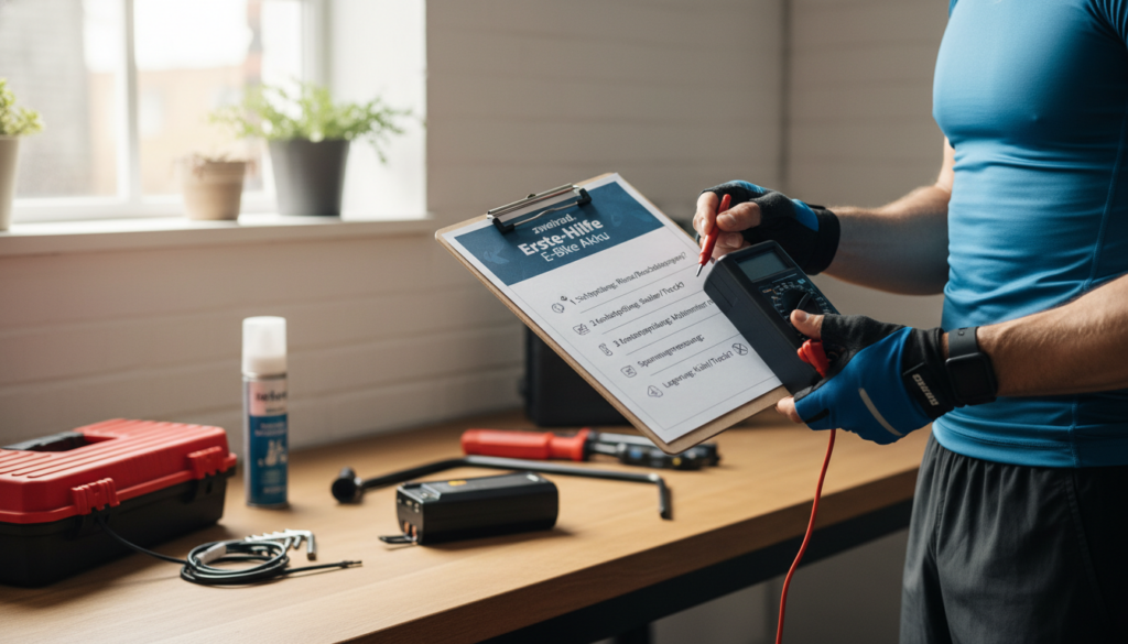 A detailed Erste-Hilfe checklist for E-Bike batteries, artistically displayed. In the foreground, a professional-looking person in sports attire examines an E-Bike battery, demonstrating proper inspection techniques. The checklist items, featuring clear illustrations of battery components, are subtly visible on a clipboard held in their other hand. In the middle ground, a neatly organized workspace includes tools related to battery maintenance, like a multimeter and a battery cleaner kit. The background features a bright, airy environment suggesting a workshop or office, illuminated by soft natural light coming through a large window. The overall atmosphere is one of professionalism and clarity, conveying an instructional vibe. Include the brand name "zweirad." integrated into the checklist design. A detailed Erste-Hilfe checklist for E-Bike batteries, artistically displayed. In the foreground, a professional-looking person in sports attire examines an E-Bike battery, demonstrating proper inspection techniques. The checklist items, featuring clear illustrations of battery components, are subtly visible on a clipboard held in their other hand. In the middle ground, a neatly organized workspace includes tools related to battery maintenance, like a multimeter and a battery cleaner kit. The background features a bright, airy environment suggesting a workshop or office, illuminated by soft natural light coming through a large window. The overall atmosphere is one of professionalism and clarity, conveying an instructional vibe. Include the brand name "zweirad." integrated into the checklist design.