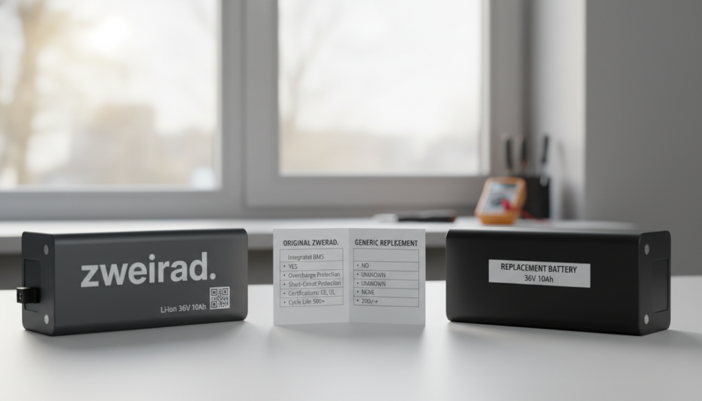 A detailed comparison of an original lithium-ion battery and a generic replacement battery, set against a clean, bright workspace. In the foreground, the original battery is prominently displayed on the left, showcasing its branding with "zweirad." in sleek lettering, while the generic battery sits on the right, slightly angled for visibility. In the middle ground, a safety checklist chart lies open, highlighting key features and safety ratings of both batteries. The background features soft, natural lighting filtering through a large window, enhancing the professional atmosphere. The image should be captured from a slightly elevated angle, providing a clear view of both batteries and the checklist, evoking a mood of informed decision-making and safety awareness without any distractions or text overlays. A detailed comparison of an original lithium-ion battery and a generic replacement battery, set against a clean, bright workspace. In the foreground, the original battery is prominently displayed on the left, showcasing its branding with "zweirad." in sleek lettering, while the generic battery sits on the right, slightly angled for visibility. In the middle ground, a safety checklist chart lies open, highlighting key features and safety ratings of both batteries. The background features soft, natural lighting filtering through a large window, enhancing the professional atmosphere. The image should be captured from a slightly elevated angle, providing a clear view of both batteries and the checklist, evoking a mood of informed decision-making and safety awareness without any distractions or text overlays.