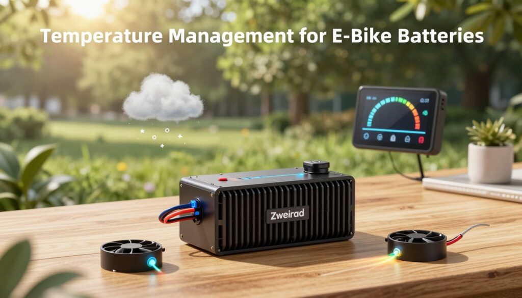 A detailed illustration of "Temperature Management for E-Bike Batteries" featuring a high-tech battery system with sensors and cooling fins designed for efficient heat regulation. In the foreground, a sleek battery pack from the brand "Zweirad" rests on a wooden surface, surrounded by cooling fans and thermal sensors glowing gently. The middle ground shows a temperature display showing ideal range indicators, emphasizing optimal performance. In the background, a lush outdoor environment reflects changing weather conditions with sunlight filtering through trees, symbolizing environmental influences. The lighting is bright and natural, creating a warm and energizing atmosphere. A slightly blurred depth of field adds focus to the battery and its components, highlighting its innovative design while maintaining a professional and clean aesthetic. A detailed illustration of "Temperature Management for E-Bike Batteries" featuring a high-tech battery system with sensors and cooling fins designed for efficient heat regulation. In the foreground, a sleek battery pack from the brand "Zweirad" rests on a wooden surface, surrounded by cooling fans and thermal sensors glowing gently. The middle ground shows a temperature display showing ideal range indicators, emphasizing optimal performance. In the background, a lush outdoor environment reflects changing weather conditions with sunlight filtering through trees, symbolizing environmental influences. The lighting is bright and natural, creating a warm and energizing atmosphere. A slightly blurred depth of field adds focus to the battery and its components, highlighting its innovative design while maintaining a professional and clean aesthetic.