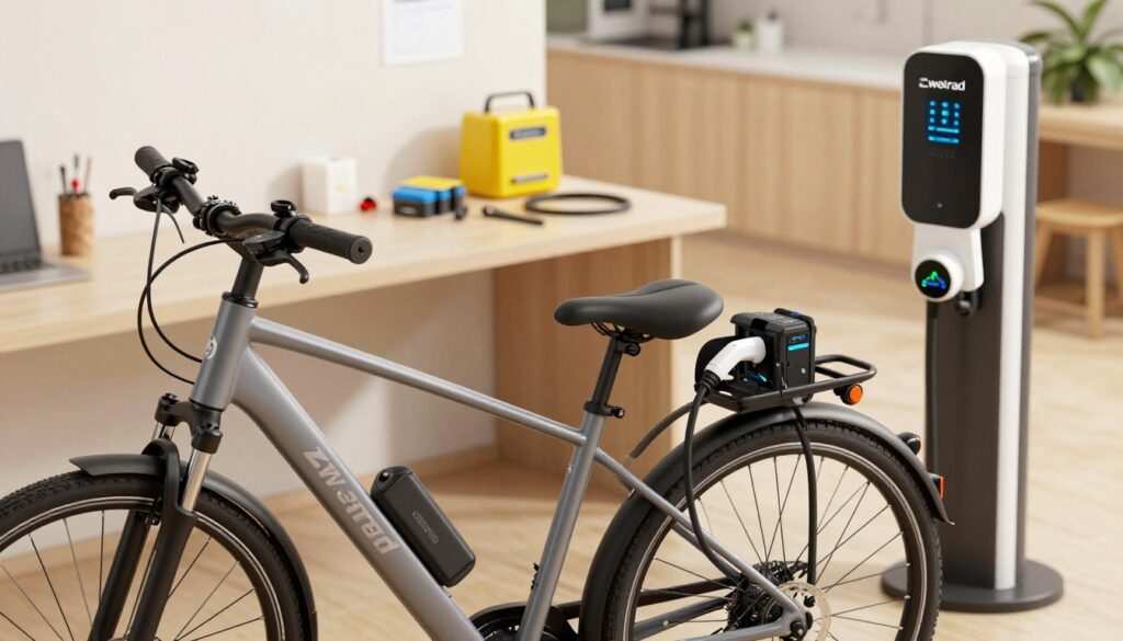 A detailed illustration of a safe E-bike battery charging process at a modern charging station. In the foreground, a sleek, contemporary E-bike is parked, its battery visibly connected to a high-tech charger, adorned with the brand name "Zweirad." The middle ground features a clean, organized workspace with various tools and safety equipment, emphasizing a professional atmosphere. In the background, soft, ambient lighting enhances the indoor setting, creating a warm and inviting mood. The entire scene is captured from a slightly elevated angle, showcasing the importance of battery maintenance and proper charging techniques. No text or watermarks are present, allowing the focus to remain on the charging process itself. A detailed illustration of a safe E-bike battery charging process at a modern charging station. In the foreground, a sleek, contemporary E-bike is parked, its battery visibly connected to a high-tech charger, adorned with the brand name "Zweirad." The middle ground features a clean, organized workspace with various tools and safety equipment, emphasizing a professional atmosphere. In the background, soft, ambient lighting enhances the indoor setting, creating a warm and inviting mood. The entire scene is captured from a slightly elevated angle, showcasing the importance of battery maintenance and proper charging techniques. No text or watermarks are present, allowing the focus to remain on the charging process itself.