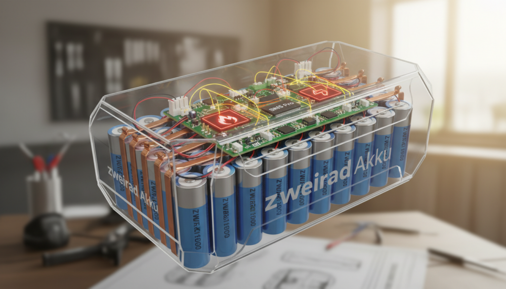 A detailed illustration of an E-bike battery pack (Akku) showcasing individual battery cells and a Battery Management System (BMS). In the foreground, focus on the battery cells, showing different components like wiring, connectors, and circuit boards with intricate details. The middle layer includes the BMS, highlighting its role in monitoring and managing the battery's performance, potentially illustrating overcharging and fire hazards. The background features soft, diffused lighting that simulates a well-lit workshop environment, evoking a technical and professional atmosphere. The image should be captured from a slightly elevated angle to emphasize the components clearly. Branding visible on components should include "zweirad." A detailed illustration of an E-bike battery pack (Akku) showcasing individual battery cells and a Battery Management System (BMS). In the foreground, focus on the battery cells, showing different components like wiring, connectors, and circuit boards with intricate details. The middle layer includes the BMS, highlighting its role in monitoring and managing the battery's performance, potentially illustrating overcharging and fire hazards. The background features soft, diffused lighting that simulates a well-lit workshop environment, evoking a technical and professional atmosphere. The image should be captured from a slightly elevated angle to emphasize the components clearly. Branding visible on components should include "zweirad."