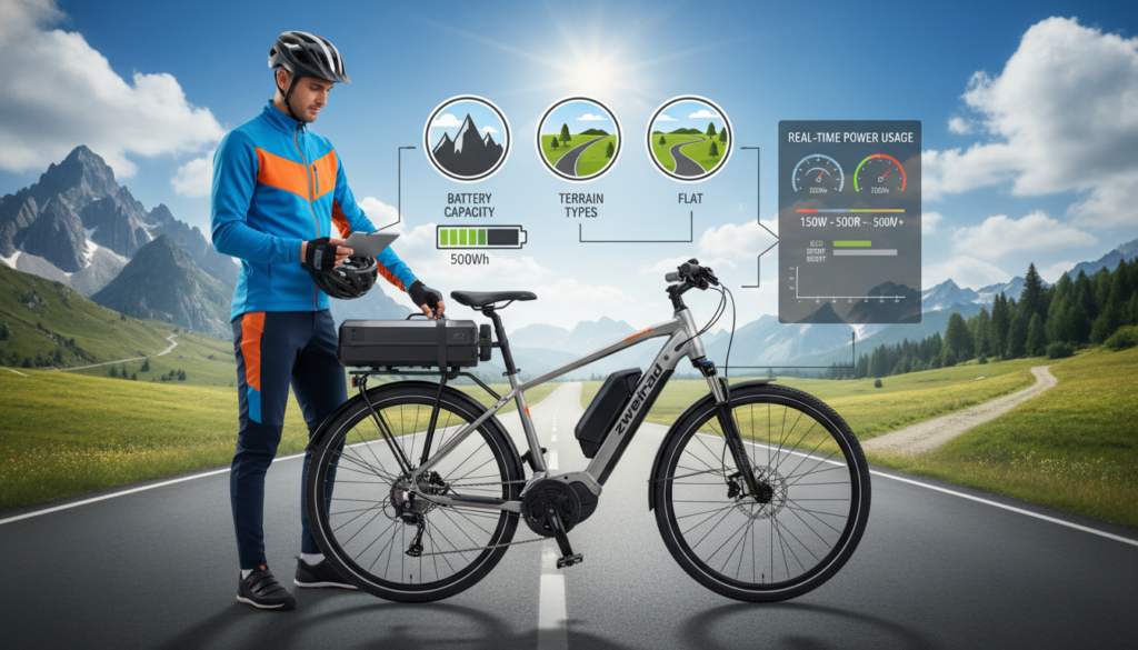 A detailed illustration of the key factors influencing e-bike range optimization. In the foreground, a professional cyclist in bright, practical sportswear, confidently adjusting their e-bike battery while standing beside a sleek e-bike branded "zweirad." The middle layer depicts various elements representing range factors: a graphic of battery capacity, terrain types (hilly, flat), and a digital display showing real-time power usage. In the background, a scenic landscape showcasing diverse terrains such as mountains and roads under a clear blue sky, suggesting different riding conditions. The lighting is bright and natural, enhancing the vibrant colors of the environment. The mood is energetic and informative, encapsulating the essence of e-bike performance and efficiency. A detailed illustration of the key factors influencing e-bike range optimization. In the foreground, a professional cyclist in bright, practical sportswear, confidently adjusting their e-bike battery while standing beside a sleek e-bike branded "zweirad." The middle layer depicts various elements representing range factors: a graphic of battery capacity, terrain types (hilly, flat), and a digital display showing real-time power usage. In the background, a scenic landscape showcasing diverse terrains such as mountains and roads under a clear blue sky, suggesting different riding conditions. The lighting is bright and natural, enhancing the vibrant colors of the environment. The mood is energetic and informative, encapsulating the essence of e-bike performance and efficiency.