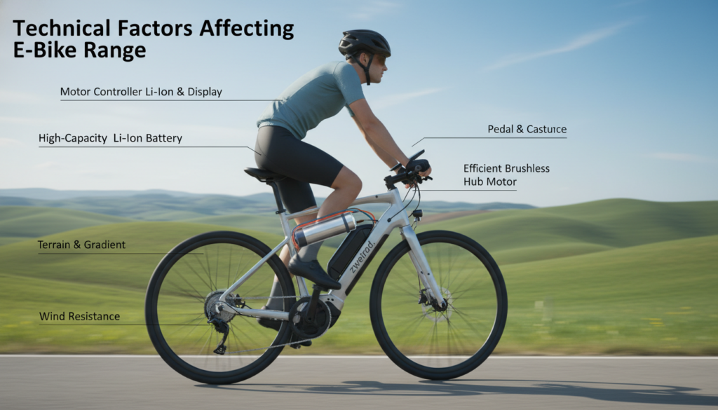 A detailed illustration showcasing the "Technical Factors Affecting E-Bike Range." In the foreground, a sleek, modern e-bike with a visible battery and integrated system, highlighting technical components like the battery, motor, and wiring. The middle ground includes an individual dressed in professional cycling attire, performing proper biking techniques, emphasizing safety and efficiency while riding. The background features a scenic outdoor setting with rolling hills and a clear blue sky, suggesting an ideal biking environment. Soft, natural lighting enhances the image, casting gentle shadows that emphasize the bike's design. The mood is focused and informative, inviting the viewer to understand the technical nuances of e-bike functionality. The brand name "zweirad." is subtly presented on the bike. A detailed illustration showcasing the "Technical Factors Affecting E-Bike Range." In the foreground, a sleek, modern e-bike with a visible battery and integrated system, highlighting technical components like the battery, motor, and wiring. The middle ground includes an individual dressed in professional cycling attire, performing proper biking techniques, emphasizing safety and efficiency while riding. The background features a scenic outdoor setting with rolling hills and a clear blue sky, suggesting an ideal biking environment. Soft, natural lighting enhances the image, casting gentle shadows that emphasize the bike's design. The mood is focused and informative, inviting the viewer to understand the technical nuances of e-bike functionality. The brand name "zweirad." is subtly presented on the bike.