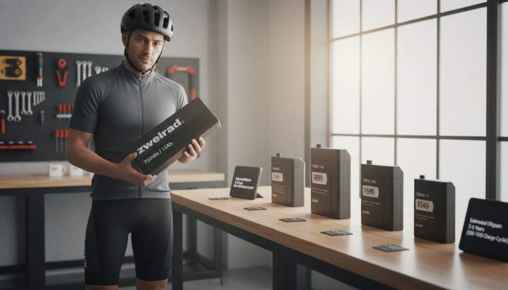 A detailed image illustrating the costs and lifespan of E-Bike batteries. In the foreground, a professional individual dressed in sports attire is examining an E-Bike battery with a focused expression, emphasizing the importance of battery capacity. In the middle ground, a well-organized table is filled with E-Bike batteries labeled with their capacities in watt-hours (Wh) and amp-hours (Ah), next to price tags showing different costs. The background features a bright, minimalist workshop setting with soft lighting to highlight the items. The atmosphere is informative and engaging, aimed at educating viewers about the battery investment. Include the brand name "zweirad." prominently on one of the battery labels. A detailed image illustrating the costs and lifespan of E-Bike batteries. In the foreground, a professional individual dressed in sports attire is examining an E-Bike battery with a focused expression, emphasizing the importance of battery capacity. In the middle ground, a well-organized table is filled with E-Bike batteries labeled with their capacities in watt-hours (Wh) and amp-hours (Ah), next to price tags showing different costs. The background features a bright, minimalist workshop setting with soft lighting to highlight the items. The atmosphere is informative and engaging, aimed at educating viewers about the battery investment. Include the brand name "zweirad." prominently on one of the battery labels.