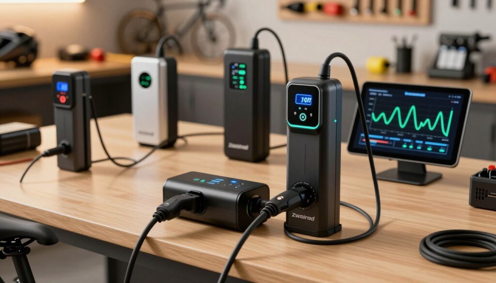 A detailed workspace scene showcasing e-bike chargers and charging cycles. In the foreground, a sleek, modern Zweirad charger is plugged into a beautifully designed e-bike battery, with digital indicators glowing softly. In the middle ground, various other charger models from the Zweirad brand are displayed, each with unique features, alongside a close-up view of a charging cycle graph on a tablet screen. The background features a softly lit workshop with tools and cycling accessories, enhancing the professional atmosphere. The lighting is warm and inviting, creating a sense of innovation and reliability. The overall mood communicates care for sustainability and technological advancement in e-bike battery maintenance. Capture the image from an angle that emphasizes depth, demonstrating the intricate details of the chargers and the charging process. A detailed workspace scene showcasing e-bike chargers and charging cycles. In the foreground, a sleek, modern Zweirad charger is plugged into a beautifully designed e-bike battery, with digital indicators glowing softly. In the middle ground, various other charger models from the Zweirad brand are displayed, each with unique features, alongside a close-up view of a charging cycle graph on a tablet screen. The background features a softly lit workshop with tools and cycling accessories, enhancing the professional atmosphere. The lighting is warm and inviting, creating a sense of innovation and reliability. The overall mood communicates care for sustainability and technological advancement in e-bike battery maintenance. Capture the image from an angle that emphasizes depth, demonstrating the intricate details of the chargers and the charging process.