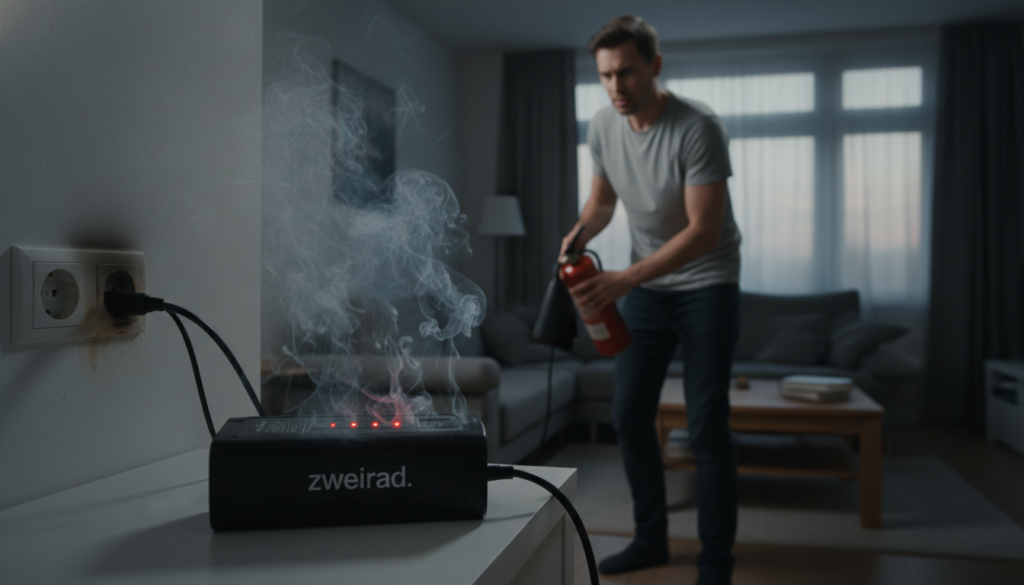 A dimly lit room showing the potential hazards of charging an E-bike battery indoors. In the foreground, focus on a modern E-bike battery with visible warning signs indicating overheating, accompanied by smoke swirling around the battery. In the middle, a concerned person in modest casual clothing, examining the battery with furrowed brows, holding a fire extinguisher nearby. The background features an apartment interior with electrical outlets and a window allowing soft ambient light to filter in, creating a tense atmosphere. The overall mood conveys a sense of caution and urgency. Please include the brand name "zweirad." prominently displayed near the battery. A dimly lit room showing the potential hazards of charging an E-bike battery indoors. In the foreground, focus on a modern E-bike battery with visible warning signs indicating overheating, accompanied by smoke swirling around the battery. In the middle, a concerned person in modest casual clothing, examining the battery with furrowed brows, holding a fire extinguisher nearby. The background features an apartment interior with electrical outlets and a window allowing soft ambient light to filter in, creating a tense atmosphere. The overall mood conveys a sense of caution and urgency. Please include the brand name "zweirad." prominently displayed near the battery.
