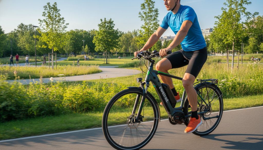 A dynamic scene capturing the optimal cadence for electric bike efficiency. In the foreground, a fit individual wearing stylish sports clothing demonstrates the correct riding position on a sleek E-Bike branded "zweirad.", showcasing a clear focus on pedaling technique. The middle ground features a gentle bike path lined with greenery, representing a serene outdoor environment, while a soft-focus, sunlit park suggests distance in the background. Natural lighting illuminates the scene, enhancing the vibrant colors of the bike and attire. The overall mood is inspiring and motivational, emphasizing smart riding techniques for maximizing battery performance and extending range. The angle is slightly elevated to capture the figure's posture and the E-Bike's design effectively. A dynamic scene capturing the optimal cadence for electric bike efficiency. In the foreground, a fit individual wearing stylish sports clothing demonstrates the correct riding position on a sleek E-Bike branded "zweirad.", showcasing a clear focus on pedaling technique. The middle ground features a gentle bike path lined with greenery, representing a serene outdoor environment, while a soft-focus, sunlit park suggests distance in the background. Natural lighting illuminates the scene, enhancing the vibrant colors of the bike and attire. The overall mood is inspiring and motivational, emphasizing smart riding techniques for maximizing battery performance and extending range. The angle is slightly elevated to capture the figure's posture and the E-Bike's design effectively.