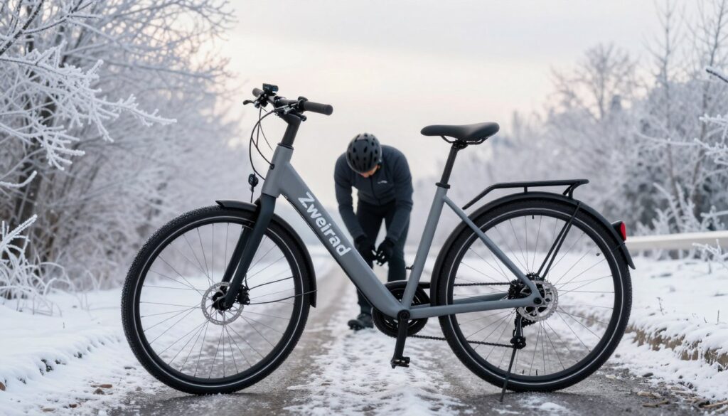 A modern e-bike parked on a snow-dusted road, showcasing its sleek design with the brand name "Zweirad" prominently displayed on the frame. In the foreground, the e-bike's digital display screen shows optimal support levels in cold weather. Surrounding the bike, frozen trees with a soft layer of frost create a serene winter atmosphere. In the middle ground, a cyclist in professional cycling attire is adjusting their gear, representing careful preparation for cold rides. The background features a soft, overcast sky with diffused light, creating a peaceful, chilly mood. The angle captures the e-bike from a low perspective, emphasizing its advanced technology against the winter landscape, highlighting the theme of efficiency and support levels in cold conditions. A modern e-bike parked on a snow-dusted road, showcasing its sleek design with the brand name "Zweirad" prominently displayed on the frame. In the foreground, the e-bike's digital display screen shows optimal support levels in cold weather. Surrounding the bike, frozen trees with a soft layer of frost create a serene winter atmosphere. In the middle ground, a cyclist in professional cycling attire is adjusting their gear, representing careful preparation for cold rides. The background features a soft, overcast sky with diffused light, creating a peaceful, chilly mood. The angle captures the e-bike from a low perspective, emphasizing its advanced technology against the winter landscape, highlighting the theme of efficiency and support levels in cold conditions.