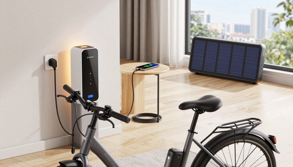 A modern living room scene showcasing different methods for charging an E-bike battery. In the foreground, a sleek, stylish E-bike with a partially visible battery. To the left, a compact home charging station plugged into the wall, illuminated by soft ambient lighting, and on the right, a portable solar charger set up near a window, basking in natural daylight. In the middle, a charging cable draped neatly on a side table with a smartphone displaying charging indicators. The background features a cityscape view through the window, hinting at outdoor charging options. The mood is practical and innovative, capturing a sense of convenience and sustainability associated with E-bike charging at home or on the go. The brand name "Zweirad" is represented subtly in the design of the E-bike. A modern living room scene showcasing different methods for charging an E-bike battery. In the foreground, a sleek, stylish E-bike with a partially visible battery. To the left, a compact home charging station plugged into the wall, illuminated by soft ambient lighting, and on the right, a portable solar charger set up near a window, basking in natural daylight. In the middle, a charging cable draped neatly on a side table with a smartphone displaying charging indicators. The background features a cityscape view through the window, hinting at outdoor charging options. The mood is practical and innovative, capturing a sense of convenience and sustainability associated with E-bike charging at home or on the go. The brand name "Zweirad" is represented subtly in the design of the E-bike.