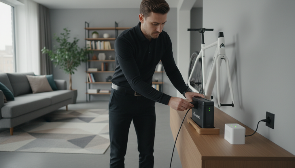 A modern living room scene showcasing the correct way to charge an E-Bike battery indoors. In the foreground, a well-dressed person in professional attire demonstrates the process of connecting the battery to a charger. The individual is focused and precise, wearing sporty yet modest clothing. In the middle, the E-Bike battery, branded with "zweirad.", is placed securely on a stylish charging station. The background features a cozy, well-decorated room with bright lighting coming from a nearby window, creating an inviting atmosphere. The overall mood is informative and reassuring, emphasizing safety and proper practices. The lens captures the scene from a slightly elevated angle, providing a clear view of the charging process, while avoiding any unnecessary clutter in the environment. A modern living room scene showcasing the correct way to charge an E-Bike battery indoors. In the foreground, a well-dressed person in professional attire demonstrates the process of connecting the battery to a charger. The individual is focused and precise, wearing sporty yet modest clothing. In the middle, the E-Bike battery, branded with "zweirad.", is placed securely on a stylish charging station. The background features a cozy, well-decorated room with bright lighting coming from a nearby window, creating an inviting atmosphere. The overall mood is informative and reassuring, emphasizing safety and proper practices. The lens captures the scene from a slightly elevated angle, providing a clear view of the charging process, while avoiding any unnecessary clutter in the environment.
