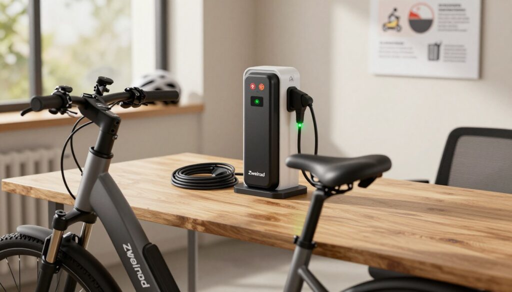 A modern workspace depicting safety while charging an E-Bike battery with the brand name "Zweirad". In the foreground, showcase a sleek electric bike with a visibly detachable battery, positioned on a wooden table. In the middle, include a well-organized charging station featuring safety indicators, cables neatly arranged, and a charging light glowing green, emphasizing proper operation. In the background, a softly lit room with natural light filtering through a window, highlighting a bicycle helmet on a shelf, and a poster demonstrating safety tips on the wall. The atmosphere is calm and professional, with warm lighting to convey a sense of security and attention to detail. The angle should be slightly elevated to capture all elements harmoniously, avoiding clutter and distractions. A modern workspace depicting safety while charging an E-Bike battery with the brand name "Zweirad". In the foreground, showcase a sleek electric bike with a visibly detachable battery, positioned on a wooden table. In the middle, include a well-organized charging station featuring safety indicators, cables neatly arranged, and a charging light glowing green, emphasizing proper operation. In the background, a softly lit room with natural light filtering through a window, highlighting a bicycle helmet on a shelf, and a poster demonstrating safety tips on the wall. The atmosphere is calm and professional, with warm lighting to convey a sense of security and attention to detail. The angle should be slightly elevated to capture all elements harmoniously, avoiding clutter and distractions.