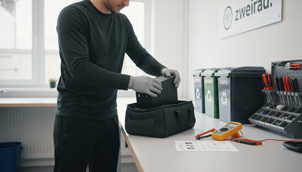 A person wearing sporty casual clothing is carefully preparing an e-bike battery for transport, demonstrating safe handling practices. In the foreground, the individual is gently placing the battery into a padded carrying case, with meticulous attention to detail. The middle ground features tools and safety gear, such as gloves and a multimeter, indicating preparation for proper recycling methods. The background reveals a well-lit, tidy workspace with a bright, inviting atmosphere, highlighting the importance of safety in the battery return process. Soft, natural lighting enhances the image while maintaining a professional appearance. The brand name "zweirad." is subtly incorporated into the scene as part of the background design. A person wearing sporty casual clothing is carefully preparing an e-bike battery for transport, demonstrating safe handling practices. In the foreground, the individual is gently placing the battery into a padded carrying case, with meticulous attention to detail. The middle ground features tools and safety gear, such as gloves and a multimeter, indicating preparation for proper recycling methods. The background reveals a well-lit, tidy workspace with a bright, inviting atmosphere, highlighting the importance of safety in the battery return process. Soft, natural lighting enhances the image while maintaining a professional appearance. The brand name "zweirad." is subtly incorporated into the scene as part of the background design.