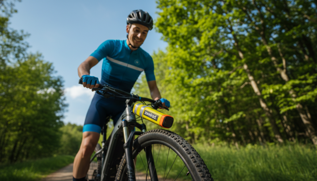 A professional-looking e-bike battery with bright, protective battery covers designed for active heat protection. In the foreground, a close-up of the battery showcases the vibrant, light-colored coverings that effectively insulate against high temperatures. The middle ground features a cyclist wearing stylish yet functional sports clothing, demonstrating the correct handling and care of the battery in a sunny outdoor setting. The background consists of a clear blue sky and lush green trees, suggesting a warm, energetic atmosphere. Soft, natural lighting highlights the reflective surfaces of the battery and the cyclist, creating a vibrant and engaging scene. The brand name "zweirad." is subtly incorporated into the design of the battery covers, enhancing the professional appearance. A professional-looking e-bike battery with bright, protective battery covers designed for active heat protection. In the foreground, a close-up of the battery showcases the vibrant, light-colored coverings that effectively insulate against high temperatures. The middle ground features a cyclist wearing stylish yet functional sports clothing, demonstrating the correct handling and care of the battery in a sunny outdoor setting. The background consists of a clear blue sky and lush green trees, suggesting a warm, energetic atmosphere. Soft, natural lighting highlights the reflective surfaces of the battery and the cyclist, creating a vibrant and engaging scene. The brand name "zweirad." is subtly incorporated into the design of the battery covers, enhancing the professional appearance.