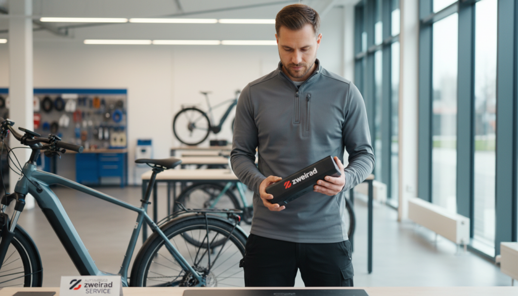 A professional setup showcasing a person in sports clothing inspecting an E-Bike battery, emphasizing the concept of manufacturer warranty guarantees. The foreground features the individual in smart, modest casual attire, closely examining the battery with a look of concentration. In the middle ground, the E-Bike is partially visible, highlighting the battery with a branded sticker of "zweirad." The background is bright and airy, with a subtle hint of a workshop or showroom, implying a sense of safety and reliability. Natural light filters in from a large window, creating an inviting atmosphere. The image conveys professionalism and trust, suitable for illustrating the topic of E-Bike battery warranty commitments. A professional setup showcasing a person in sports clothing inspecting an E-Bike battery, emphasizing the concept of manufacturer warranty guarantees. The foreground features the individual in smart, modest casual attire, closely examining the battery with a look of concentration. In the middle ground, the E-Bike is partially visible, highlighting the battery with a branded sticker of "zweirad." The background is bright and airy, with a subtle hint of a workshop or showroom, implying a sense of safety and reliability. Natural light filters in from a large window, creating an inviting atmosphere. The image conveys professionalism and trust, suitable for illustrating the topic of E-Bike battery warranty commitments.