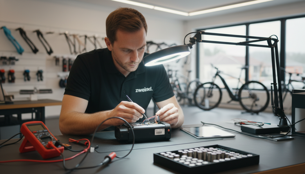 A professional technician wearing a branded "zweirad." shirt is carefully inspecting an E-Bike battery for repair options. In the foreground, tools such as a multimeter, soldering iron, and replacement cells are neatly arranged on a workbench. In the middle ground, the technician attentively analyzes the battery's connections under bright, focused lighting. The background features a clean, bright workshop filled with bike parts and E-Bike displays, creating an organized and efficient atmosphere. Soft diffused lighting emphasizes the detailed components of the battery and tools, while the overall mood is one of professionalism and precision. The image captures the essence of E-Bike battery repair solutions, illustrating the theme of restoration versus replacement. A professional technician wearing a branded "zweirad." shirt is carefully inspecting an E-Bike battery for repair options. In the foreground, tools such as a multimeter, soldering iron, and replacement cells are neatly arranged on a workbench. In the middle ground, the technician attentively analyzes the battery's connections under bright, focused lighting. The background features a clean, bright workshop filled with bike parts and E-Bike displays, creating an organized and efficient atmosphere. Soft diffused lighting emphasizes the detailed components of the battery and tools, while the overall mood is one of professionalism and precision. The image captures the essence of E-Bike battery repair solutions, illustrating the theme of restoration versus replacement.