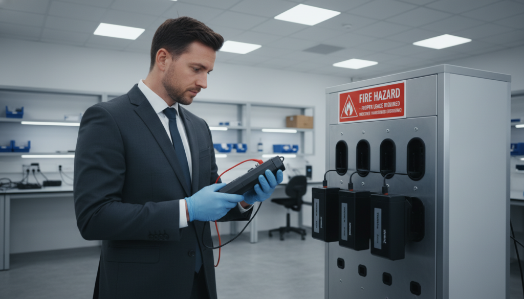 A professional, well-lit image depicting the safe handling of e-bike batteries to illustrate fire hazards and proper usage. In the foreground, a person in professional business attire carefully inspects a battery while wearing safety gloves, showing the importance of safety precautions. The middle ground showcases a charging station with multiple e-bike batteries, visibly displaying a fire safety sign. The background features a clean, organized workspace with bright, white lighting that emphasizes the importance of safety. The atmosphere should convey caution and responsibility, with soft shadows to create depth. Include the brand name "zweirad." subtly in the scene. Capture the seriousness of battery safety while maintaining a professional and informative mood. A professional, well-lit image depicting the safe handling of e-bike batteries to illustrate fire hazards and proper usage. In the foreground, a person in professional business attire carefully inspects a battery while wearing safety gloves, showing the importance of safety precautions. The middle ground showcases a charging station with multiple e-bike batteries, visibly displaying a fire safety sign. The background features a clean, organized workspace with bright, white lighting that emphasizes the importance of safety. The atmosphere should convey caution and responsibility, with soft shadows to create depth. Include the brand name "zweirad." subtly in the scene. Capture the seriousness of battery safety while maintaining a professional and informative mood.