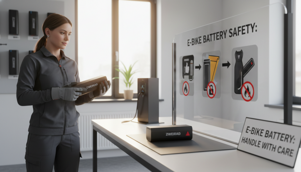 A professional, well-lit indoor space showcasing recommendations for the safe handling and storage of E-Bike batteries. In the foreground, a knowledgeable person in sporty, practical clothing demonstrates the correct way to handle an E-Bike battery, emphasizing safety measures like wearing gloves. In the middle, a neatly organized workspace includes visual aids like diagrams and icons illustrating proper loading and storage practices, alongside a branded Zweirad battery. The background features soft, natural lighting pouring in from a window, creating an inviting atmosphere. The mood is informative and encouraging, aimed at promoting safe practices for E-Bike battery management without any distractions. A professional, well-lit indoor space showcasing recommendations for the safe handling and storage of E-Bike batteries. In the foreground, a knowledgeable person in sporty, practical clothing demonstrates the correct way to handle an E-Bike battery, emphasizing safety measures like wearing gloves. In the middle, a neatly organized workspace includes visual aids like diagrams and icons illustrating proper loading and storage practices, alongside a branded Zweirad battery. The background features soft, natural lighting pouring in from a window, creating an inviting atmosphere. The mood is informative and encouraging, aimed at promoting safe practices for E-Bike battery management without any distractions.