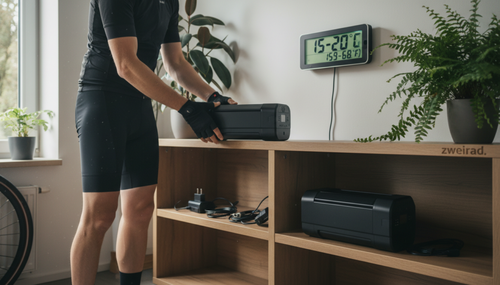 A serene indoor setting that conveys the ideal temperature for e-bike battery storage. In the foreground, a well-organized storage area with a high-quality e-bike battery on a sturdy shelf, showcasing its optimal condition. In the middle, a person dressed in professional cycling attire handling the battery carefully, demonstrating the proper technique for storage. The background features a climate-controlled environment with a digital thermometer displaying a safe temperature range, along with potted plants to enhance the atmosphere of warmth and care. The lighting should be soft and natural, creating a calm and inviting mood. The brand name "zweirad." is subtly integrated into the shelves in the background, emphasizing quality and professionalism. A serene indoor setting that conveys the ideal temperature for e-bike battery storage. In the foreground, a well-organized storage area with a high-quality e-bike battery on a sturdy shelf, showcasing its optimal condition. In the middle, a person dressed in professional cycling attire handling the battery carefully, demonstrating the proper technique for storage. The background features a climate-controlled environment with a digital thermometer displaying a safe temperature range, along with potted plants to enhance the atmosphere of warmth and care. The lighting should be soft and natural, creating a calm and inviting mood. The brand name "zweirad." is subtly integrated into the shelves in the background, emphasizing quality and professionalism.