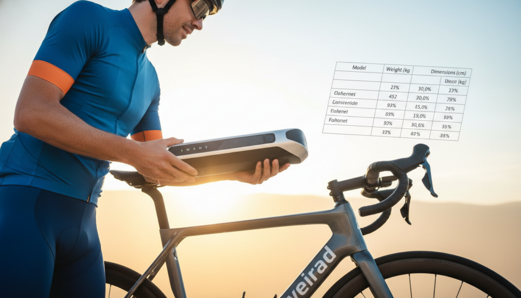 A side view of a professional cyclist in sport attire demonstrating the proper way to transport an E-Bike battery, showcasing the unique features of the battery. The cyclist is gently holding a sleek E-Bike battery while standing next to a modern bicycle with a lightweight frame labeled "zweirad." In the foreground, the vibrant colors of the cyclist’s gear pop against a soft, bright background that conveys a sense of energy and innovation. The middle ground features a neatly arranged comparison chart illustrating various E-Bike battery weights and dimensions, subtly integrated without cluttering the scene. The scene is illuminated with natural daylight from the left, creating a dynamic contrast. Capture this moment with a slight tilt angle for a dynamic effect, emphasizing the cyclist's expertise and the sophisticated design of the battery. A side view of a professional cyclist in sport attire demonstrating the proper way to transport an E-Bike battery, showcasing the unique features of the battery. The cyclist is gently holding a sleek E-Bike battery while standing next to a modern bicycle with a lightweight frame labeled "zweirad." In the foreground, the vibrant colors of the cyclist’s gear pop against a soft, bright background that conveys a sense of energy and innovation. The middle ground features a neatly arranged comparison chart illustrating various E-Bike battery weights and dimensions, subtly integrated without cluttering the scene. The scene is illuminated with natural daylight from the left, creating a dynamic contrast. Capture this moment with a slight tilt angle for a dynamic effect, emphasizing the cyclist's expertise and the sophisticated design of the battery.