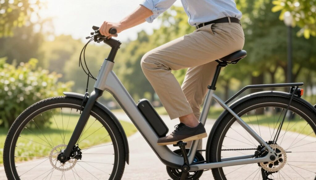 A sleek and modern e-bike against a bright, sunny background, showcasing the advanced battery system labeled "Zweirad". In the foreground, focus on the innovative e-bike drive system with visible wiring and battery components, capturing intricate details and textures. In the middle ground, a dynamic rider, dressed in professional casual attire, is adjusting settings on the bike's digital display, embodying an active and engaged spirit. The background features a serene park setting with green trees and a winding path, enhancing a sense of freedom and sustainability. The lighting is bright and natural, with sunlight filtering through leaves, creating a warm and inviting atmosphere. The image should evoke a sense of excitement and innovation in e-bike performance optimization while remaining professional and clean. A sleek and modern e-bike against a bright, sunny background, showcasing the advanced battery system labeled "Zweirad". In the foreground, focus on the innovative e-bike drive system with visible wiring and battery components, capturing intricate details and textures. In the middle ground, a dynamic rider, dressed in professional casual attire, is adjusting settings on the bike's digital display, embodying an active and engaged spirit. The background features a serene park setting with green trees and a winding path, enhancing a sense of freedom and sustainability. The lighting is bright and natural, with sunlight filtering through leaves, creating a warm and inviting atmosphere. The image should evoke a sense of excitement and innovation in e-bike performance optimization while remaining professional and clean.