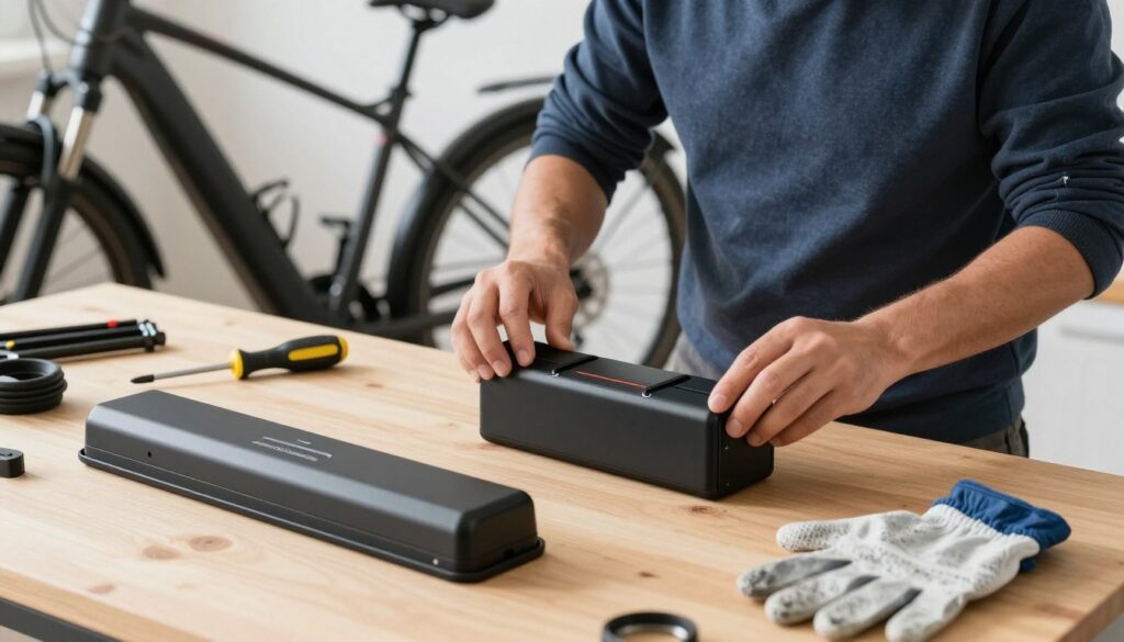 A step-by-step installation scene of the "Zweirad Akku Schutzhülle" for an E-Bike battery. In the foreground, a well-organized workspace with the Akku Schutzhülle laid out alongside essential tools such as a screwdriver and gloves. In the middle ground, a focused technician wearing modest casual clothing, carefully fitting the protective cover around a sleek, modern E-Bike battery. In the background, hints of an E-Bike frame and parts, softly blurred to create depth. The lighting is bright and slightly diffused, illuminating the workspace without harsh shadows, suggesting an atmosphere of professionalism and precision. The angle captures the technician's concentration on the task, emphasizing proper installation techniques. A step-by-step installation scene of the "Zweirad Akku Schutzhülle" for an E-Bike battery. In the foreground, a well-organized workspace with the Akku Schutzhülle laid out alongside essential tools such as a screwdriver and gloves. In the middle ground, a focused technician wearing modest casual clothing, carefully fitting the protective cover around a sleek, modern E-Bike battery. In the background, hints of an E-Bike frame and parts, softly blurred to create depth. The lighting is bright and slightly diffused, illuminating the workspace without harsh shadows, suggesting an atmosphere of professionalism and precision. The angle captures the technician's concentration on the task, emphasizing proper installation techniques.