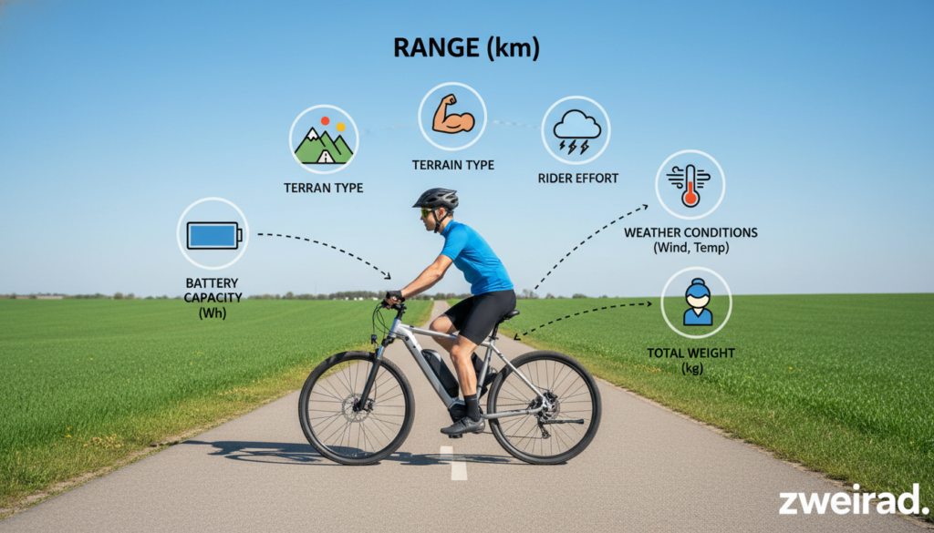 A vibrant and informative illustration depicting the various factors influencing e-bike range, centered around a person demonstrating correct e-bike posture in sportswear, set against a bright background. In the foreground, show an e-bike with its battery and components highlighted, with arrows pointing to key features like battery capacity, tire pressure, and weight. In the middle ground, include icons or representations of terrain type, rider effort, and weather conditions, such as wind and temperature. The background should be a clean, unmarked landscape, suggesting a cycling path. Use natural daylight for lighting to create an engaging atmosphere, ensuring that all elements are visually cohesive and informative. Brand the image subtly with “zweirad.”. A vibrant and informative illustration depicting the various factors influencing e-bike range, centered around a person demonstrating correct e-bike posture in sportswear, set against a bright background. In the foreground, show an e-bike with its battery and components highlighted, with arrows pointing to key features like battery capacity, tire pressure, and weight. In the middle ground, include icons or representations of terrain type, rider effort, and weather conditions, such as wind and temperature. The background should be a clean, unmarked landscape, suggesting a cycling path. Use natural daylight for lighting to create an engaging atmosphere, ensuring that all elements are visually cohesive and informative. Brand the image subtly with “zweirad.”.