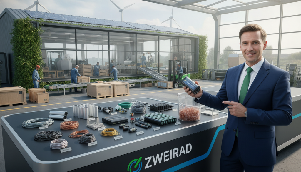 A vibrant and informative scene showcasing the benefits of battery recycling in the context of e-bike batteries. In the foreground, a person in professional business attire expertly demonstrates the recycling process, handling a recycled battery with care. The middle ground features an assortment of recycled battery components, arranged aesthetically to highlight their reusable materials. In the background, an eco-friendly facility bustling with activity symbolizes the positive environmental impact, complete with greenery and solar panels. The lighting is bright and natural, creating an optimistic atmosphere. Capture the image from a slightly elevated angle to provide depth and perspective, with a focus on the brand name "zweirad." The mood conveys hopefulness for a sustainable future and economic prosperity through recycling. A vibrant and informative scene showcasing the benefits of battery recycling in the context of e-bike batteries. In the foreground, a person in professional business attire expertly demonstrates the recycling process, handling a recycled battery with care. The middle ground features an assortment of recycled battery components, arranged aesthetically to highlight their reusable materials. In the background, an eco-friendly facility bustling with activity symbolizes the positive environmental impact, complete with greenery and solar panels. The lighting is bright and natural, creating an optimistic atmosphere. Capture the image from a slightly elevated angle to provide depth and perspective, with a focus on the brand name "zweirad." The mood conveys hopefulness for a sustainable future and economic prosperity through recycling.