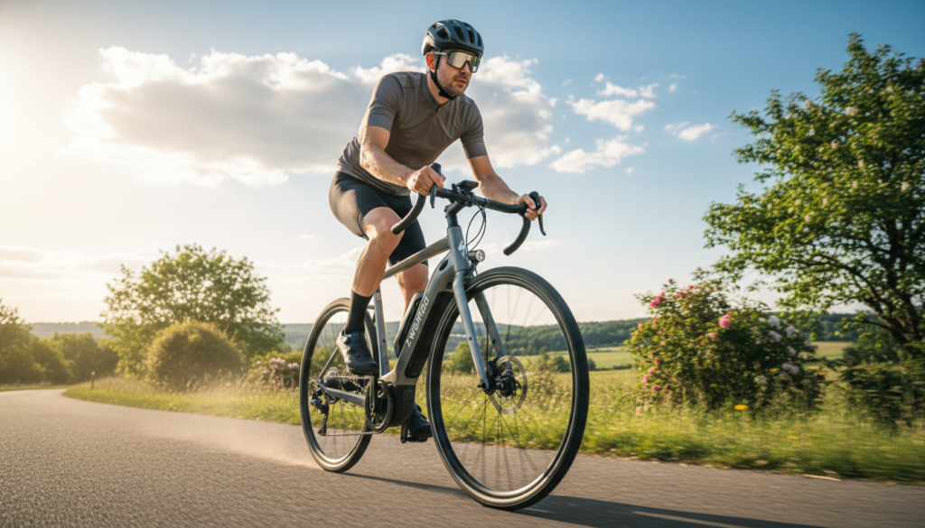 A vibrant, outdoor scene capturing the optimal riding technique for maximizing e-bike battery range. In the foreground, a person dressed in professional cycling attire showcases a proper riding posture, leaning slightly forward while pedaling smoothly on a sleek, modern e-bike branded "zweirad." Their facial expression shows concentration and determination. The middle ground features a well-defined cycling path surrounded by lush greenery and mild hills, indicating a serene environment ideal for long rides. In the background, a bright blue sky with scattered clouds enhances the uplifting atmosphere. Use soft, natural lighting to create a warm and inviting mood. The angle should capture an action shot, emphasizing speed and efficiency without any distractions or text elements in the image. A vibrant, outdoor scene capturing the optimal riding technique for maximizing e-bike battery range. In the foreground, a person dressed in professional cycling attire showcases a proper riding posture, leaning slightly forward while pedaling smoothly on a sleek, modern e-bike branded "zweirad." Their facial expression shows concentration and determination. The middle ground features a well-defined cycling path surrounded by lush greenery and mild hills, indicating a serene environment ideal for long rides. In the background, a bright blue sky with scattered clouds enhances the uplifting atmosphere. Use soft, natural lighting to create a warm and inviting mood. The angle should capture an action shot, emphasizing speed and efficiency without any distractions or text elements in the image.