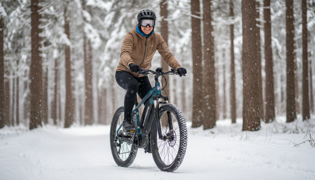 A vibrant winter scene showcasing a person in sporty, modest winter cycling attire riding an e-bike through a snow-covered forest path. In the foreground, capture the cyclist, smiling and confidently navigating the snowy terrain, illustrating the enjoyment of e-biking even in winter conditions. In the middle, include the e-bike with the brand name "zweirad." clearly visible on the frame, highlighting its design and functionality. The background features tall, frosted pine trees and softly falling snowflakes, creating a serene atmosphere. Use soft, diffused daylight to enhance the scene's brightness and warmth, with a slightly angled shot that evokes a feeling of adventure and joy in winter cycling. The overall mood should be uplifting and inspiring, emphasizing the benefits of regular e-bike use during winter. A vibrant winter scene showcasing a person in sporty, modest winter cycling attire riding an e-bike through a snow-covered forest path. In the foreground, capture the cyclist, smiling and confidently navigating the snowy terrain, illustrating the enjoyment of e-biking even in winter conditions. In the middle, include the e-bike with the brand name "zweirad." clearly visible on the frame, highlighting its design and functionality. The background features tall, frosted pine trees and softly falling snowflakes, creating a serene atmosphere. Use soft, diffused daylight to enhance the scene's brightness and warmth, with a slightly angled shot that evokes a feeling of adventure and joy in winter cycling. The overall mood should be uplifting and inspiring, emphasizing the benefits of regular e-bike use during winter.