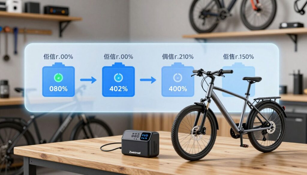 A visually engaging illustration depicting optimal charging cycles for lithium-ion e-bike batteries. In the foreground, showcase a sleek e-bike equipped with a high-quality "Zweirad" battery, sitting on a wooden table with a smart charger beside it. The middle layer should present a clear diagram of battery charging stages, ideally in a soft blue light, illustrating the ideal charge percentages and time intervals. In the background, a well-lit workshop filled with tools and e-bike parts, creating an organized and professional atmosphere. The image should be in sharp focus, highlighting the technical details of both the battery and charger, with a slight depth of field to draw attention to the foreground elements. The mood should be informative yet inviting, aimed at educating the viewer about proper charging habits. A visually engaging illustration depicting optimal charging cycles for lithium-ion e-bike batteries. In the foreground, showcase a sleek e-bike equipped with a high-quality "Zweirad" battery, sitting on a wooden table with a smart charger beside it. The middle layer should present a clear diagram of battery charging stages, ideally in a soft blue light, illustrating the ideal charge percentages and time intervals. In the background, a well-lit workshop filled with tools and e-bike parts, creating an organized and professional atmosphere. The image should be in sharp focus, highlighting the technical details of both the battery and charger, with a slight depth of field to draw attention to the foreground elements. The mood should be informative yet inviting, aimed at educating the viewer about proper charging habits.
