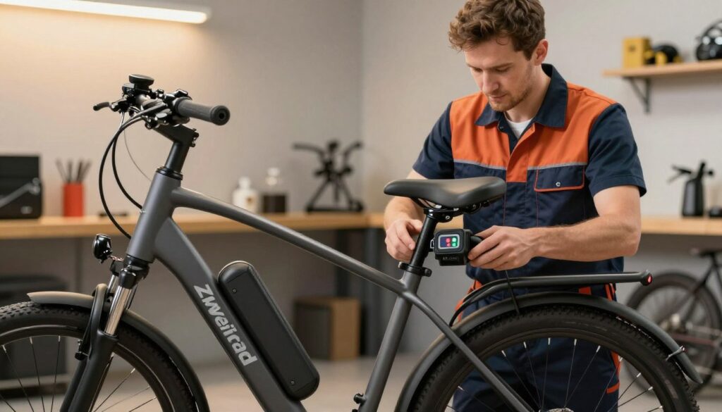 A visually engaging illustration focused on the topic of properly charging an e-bike battery. In the foreground, depict a modern e-bike prominently displaying its battery system, emphasizing components like the charging port and battery indicator lights. In the middle ground, include a technician in professional attire, carefully connecting the charger to the e-bike, showcasing attention to detail and proper technique. The background features a softly lit workshop environment, with tools and e-bike accessories subtly integrated. Use warm, inviting lighting to convey a sense of safety and care, with a slight lens blur to keep the focus on the e-bike and technician. Highlight the brand "Zweirad" on the e-bike, ensuring it’s clear yet tasteful. The overall mood should be informative and professional, promoting the importance of proper charging for battery longevity. A visually engaging illustration focused on the topic of properly charging an e-bike battery. In the foreground, depict a modern e-bike prominently displaying its battery system, emphasizing components like the charging port and battery indicator lights. In the middle ground, include a technician in professional attire, carefully connecting the charger to the e-bike, showcasing attention to detail and proper technique. The background features a softly lit workshop environment, with tools and e-bike accessories subtly integrated. Use warm, inviting lighting to convey a sense of safety and care, with a slight lens blur to keep the focus on the e-bike and technician. Highlight the brand "Zweirad" on the e-bike, ensuring it’s clear yet tasteful. The overall mood should be informative and professional, promoting the importance of proper charging for battery longevity.