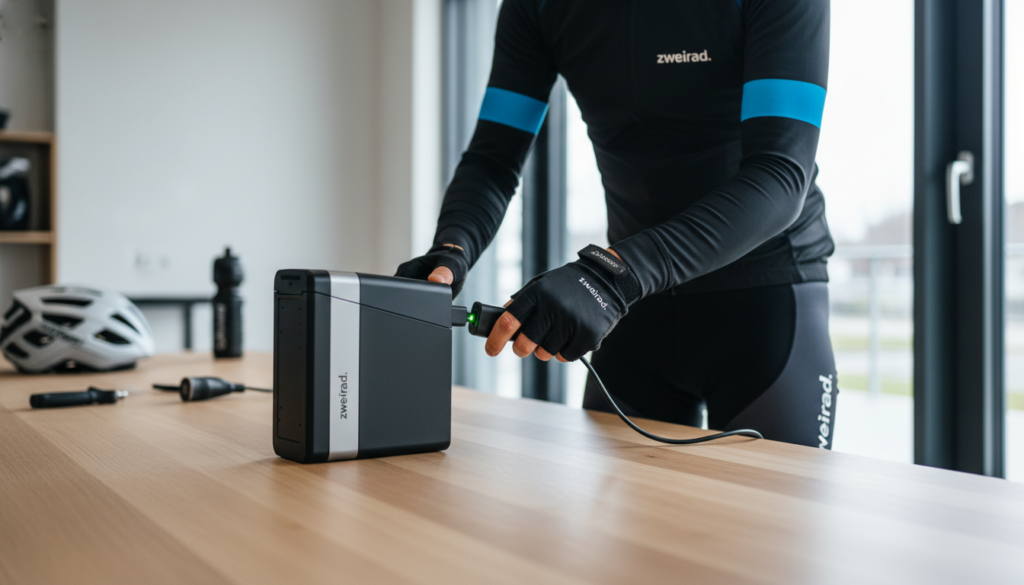 A well-lit workspace with a clean, organized table featuring a high-quality E-Bike battery on the left. A person in professional cycling attire demonstrates the proper way to charge the battery, focusing on their hands connecting the charger to the battery. In the background, there are subtle hints of cycling gear, like a helmet and bike accessories, creating a relevant atmosphere. Soft, natural lighting enhances the scene, emphasizing the person's concentration on the task. The environment is bright and inviting, suggesting a step-by-step instructional moment. The brand name "zweirad." is subtly integrated into the image, perhaps on the charging equipment or cycling gear. The overall mood is instructional and professional, perfect for guiding readers through the charging process. A well-lit workspace with a clean, organized table featuring a high-quality E-Bike battery on the left. A person in professional cycling attire demonstrates the proper way to charge the battery, focusing on their hands connecting the charger to the battery. In the background, there are subtle hints of cycling gear, like a helmet and bike accessories, creating a relevant atmosphere. Soft, natural lighting enhances the scene, emphasizing the person's concentration on the task. The environment is bright and inviting, suggesting a step-by-step instructional moment. The brand name "zweirad." is subtly integrated into the image, perhaps on the charging equipment or cycling gear. The overall mood is instructional and professional, perfect for guiding readers through the charging process.
