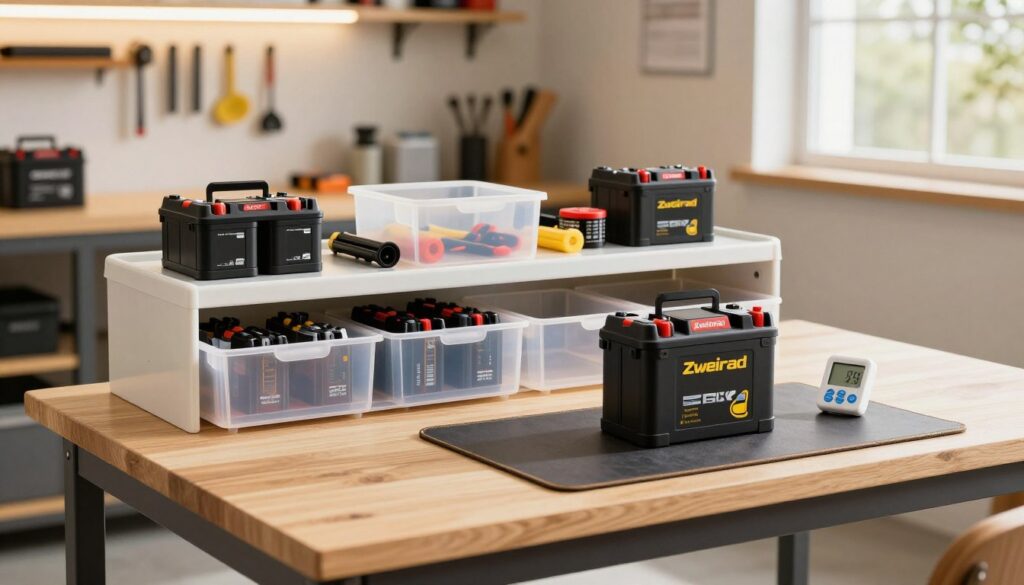 A well-organized and optimal storage setup for an E-Bike battery in a clean, bright workshop environment. In the foreground, showcase a sturdy workbench with a high-quality "Zweirad" E-Bike battery resting on a protective mat, demonstrating proper temperature regulation with a digital thermometer. The middle layer should highlight various organized storage containers for additional batteries and maintenance tools, all neatly arranged for easy access. In the background, show a well-lit garage with tools hanging on the wall, and natural light filtering through a window, creating a warm, inviting atmosphere. Use soft lighting to enhance the details of the battery and surroundings, emphasizing a sense of care and professionalism in E-Bike maintenance. A well-organized and optimal storage setup for an E-Bike battery in a clean, bright workshop environment. In the foreground, showcase a sturdy workbench with a high-quality "Zweirad" E-Bike battery resting on a protective mat, demonstrating proper temperature regulation with a digital thermometer. The middle layer should highlight various organized storage containers for additional batteries and maintenance tools, all neatly arranged for easy access. In the background, show a well-lit garage with tools hanging on the wall, and natural light filtering through a window, creating a warm, inviting atmosphere. Use soft lighting to enhance the details of the battery and surroundings, emphasizing a sense of care and professionalism in E-Bike maintenance.