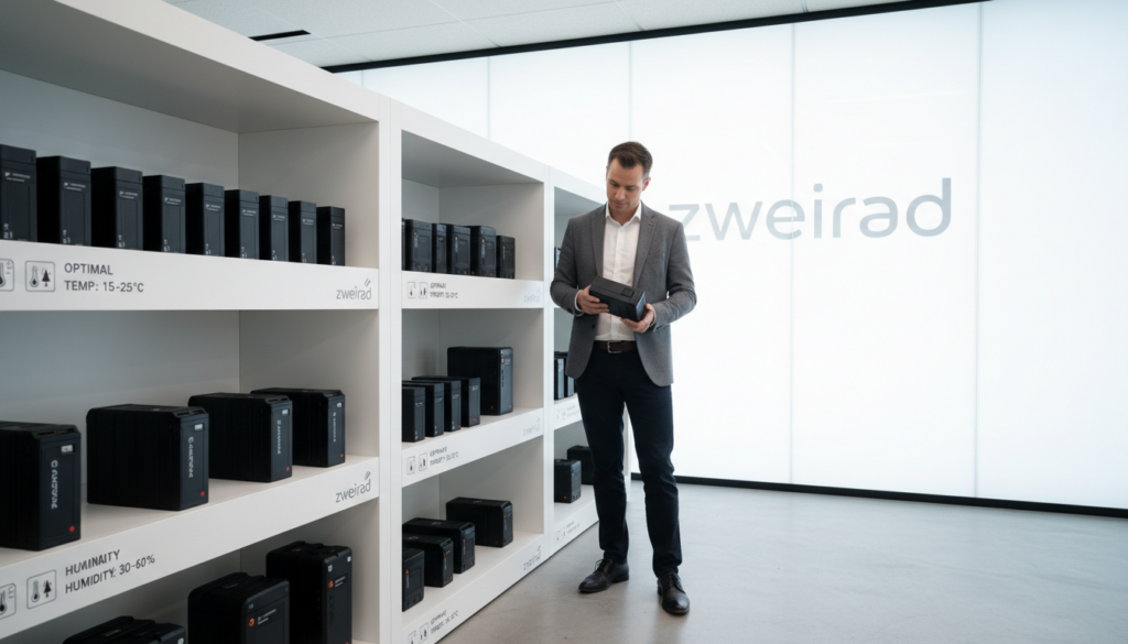 A well-organized indoor setting showing the optimal storage of E-bike batteries. In the foreground, a person in professional business attire demonstrates the correct way to store an E-bike battery, holding it carefully. The middle layer features a neatly arranged display of E-bike batteries on shelves, labeled with best practices for temperature and humidity. In the background, there is a soft, bright light illuminating the space, enhancing the clean and modern atmosphere. The entire scene conveys a sense of professionalism and knowledge, with branding elements subtly integrated showing the brand name "zweirad." The angle is slightly elevated to capture both the subject and the organized storage environment effectively. A well-organized indoor setting showing the optimal storage of E-bike batteries. In the foreground, a person in professional business attire demonstrates the correct way to store an E-bike battery, holding it carefully. The middle layer features a neatly arranged display of E-bike batteries on shelves, labeled with best practices for temperature and humidity. In the background, there is a soft, bright light illuminating the space, enhancing the clean and modern atmosphere. The entire scene conveys a sense of professionalism and knowledge, with branding elements subtly integrated showing the brand name "zweirad." The angle is slightly elevated to capture both the subject and the organized storage environment effectively.