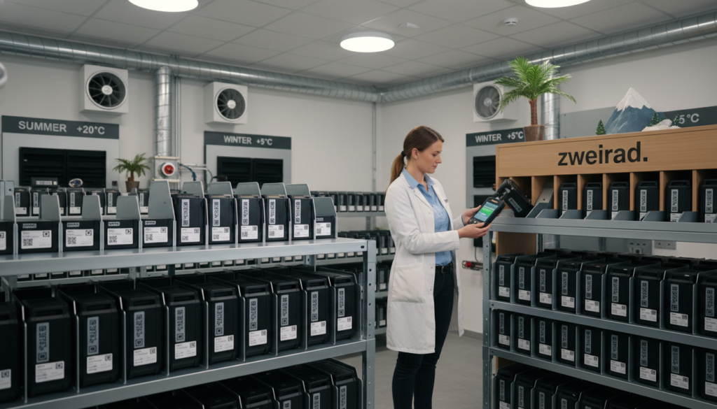 A well-organized indoor space designed for optimal storage of E-Bike batteries, featuring a person in professional attire demonstrating proper battery placement techniques. The foreground showcases neatly arranged E-Bike batteries on shelves, each labeled for easy identification. In the middle ground, focus on the person, dressed in smart casual clothing, carefully checking the charge status of a battery with a digital monitor. Soft, diffused lighting brightens the area, creating a warm and inviting atmosphere. The background features climate control equipment ensuring ideal storage conditions, with hints of seasonal decor indicating summer and winter. The brand "zweirad." subtly displayed on a nearby shelf enhances the professional tone of the scene. A well-organized indoor space designed for optimal storage of E-Bike batteries, featuring a person in professional attire demonstrating proper battery placement techniques. The foreground showcases neatly arranged E-Bike batteries on shelves, each labeled for easy identification. In the middle ground, focus on the person, dressed in smart casual clothing, carefully checking the charge status of a battery with a digital monitor. Soft, diffused lighting brightens the area, creating a warm and inviting atmosphere. The background features climate control equipment ensuring ideal storage conditions, with hints of seasonal decor indicating summer and winter. The brand "zweirad." subtly displayed on a nearby shelf enhances the professional tone of the scene.