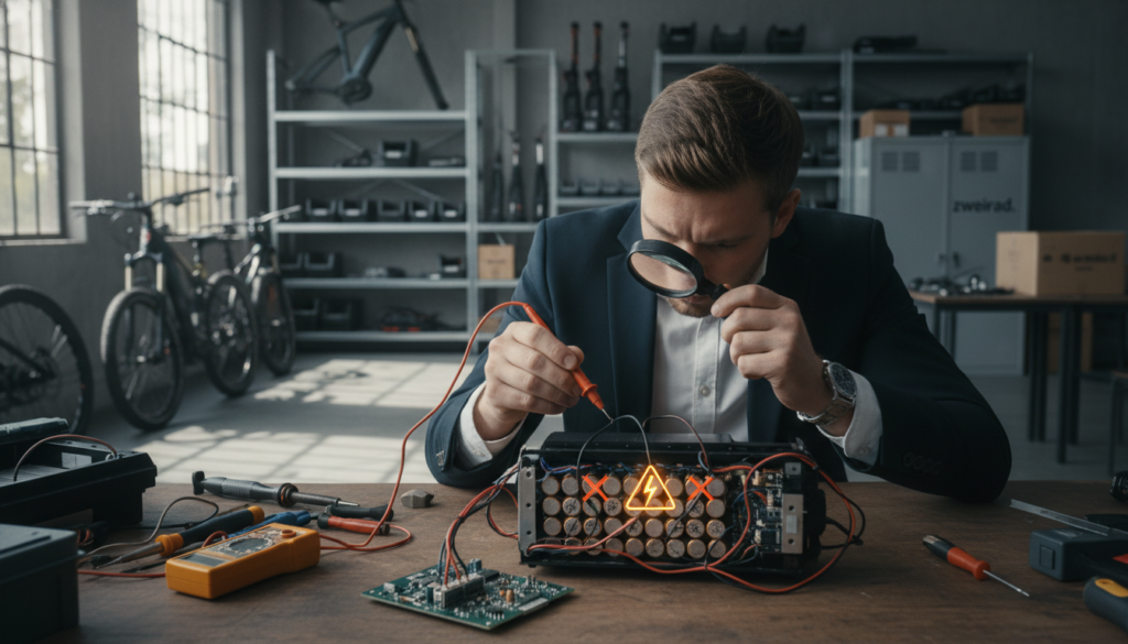 Foreground: A close-up view of a person in professional business attire examining an E-Bike battery management system (BMS) on a table, tools scattered around, symbolizing troubleshooting and diagnostics. Middle: The E-Bike battery, disassembled, shows intricate circuitry and components. Add visual indicators of issues, such as warning symbols or colored wires frayed. Background: An open workshop space with shelves stocked with E-Bike parts, well-lit with natural daylight streaming through large windows, casting soft shadows. Atmosphere: Technical, focused, and slightly tense, emphasizing the importance of battery safety. Lighting: Soft diffused light to highlight details without harsh shadows. Angle: Slightly elevated, capturing both the examination process and the E-Bike battery in detail. Include the brand name "zweirad." subtly integrated into the background elements. Foreground: A close-up view of a person in professional business attire examining an E-Bike battery management system (BMS) on a table, tools scattered around, symbolizing troubleshooting and diagnostics. Middle: The E-Bike battery, disassembled, shows intricate circuitry and components. Add visual indicators of issues, such as warning symbols or colored wires frayed. Background: An open workshop space with shelves stocked with E-Bike parts, well-lit with natural daylight streaming through large windows, casting soft shadows. Atmosphere: Technical, focused, and slightly tense, emphasizing the importance of battery safety. Lighting: Soft diffused light to highlight details without harsh shadows. Angle: Slightly elevated, capturing both the examination process and the E-Bike battery in detail. Include the brand name "zweirad." subtly integrated into the background elements.