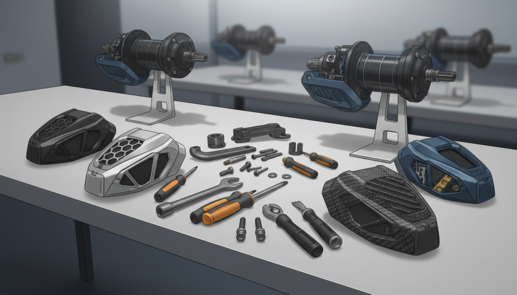 A close-up illustration of various E-Bike motor protection systems displayed on a sleek workbench. In the foreground, showcase a selection of durable, stylish motor shields designed for different E-Bike models, highlighting their unique shapes and features, such as reinforced structures and ventilation. The middle ground should include tools and hardware for installation, emphasizing practicality. In the background, softly blurred E-Bike motors are mounted on sleek frames, creating context without distraction. The lighting is bright and inviting, with a slight focus on the motor shields to draw attention. The overall atmosphere is professional and technical, capturing the essence of E-Bike motor protection and installation. A close-up illustration of various E-Bike motor protection systems displayed on a sleek workbench. In the foreground, showcase a selection of durable, stylish motor shields designed for different E-Bike models, highlighting their unique shapes and features, such as reinforced structures and ventilation. The middle ground should include tools and hardware for installation, emphasizing practicality. In the background, softly blurred E-Bike motors are mounted on sleek frames, creating context without distraction. The lighting is bright and inviting, with a slight focus on the motor shields to draw attention. The overall atmosphere is professional and technical, capturing the essence of E-Bike motor protection and installation.