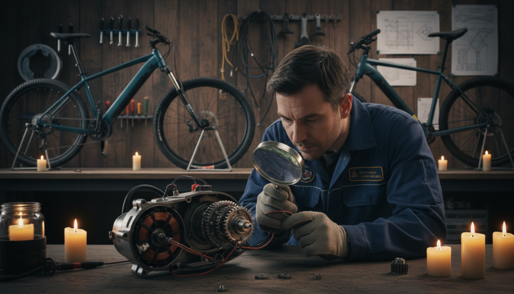 A detailed close-up of an E-Bike motor inside a workshop, showcasing its intricate components and emphasizing specific parts that produce unique sounds—such as gears, casing, and electrical connections. In the foreground, a mechanic in professional attire examines the motor, using a magnifying glass to inspect it closely. In the middle ground, various E-Bike models are displayed, highlighting diverse designs and features that contribute to sound variation. The background is a well-equipped workshop with tools, blueprints, and dim candle-like lighting, creating an atmosphere of focused engineering and technical exploration. The overall mood is one of curiosity and craftsmanship, portraying the complexity and uniqueness of E-Bike motors and their distinct sounds. A detailed close-up of an E-Bike motor inside a workshop, showcasing its intricate components and emphasizing specific parts that produce unique sounds—such as gears, casing, and electrical connections. In the foreground, a mechanic in professional attire examines the motor, using a magnifying glass to inspect it closely. In the middle ground, various E-Bike models are displayed, highlighting diverse designs and features that contribute to sound variation. The background is a well-equipped workshop with tools, blueprints, and dim candle-like lighting, creating an atmosphere of focused engineering and technical exploration. The overall mood is one of curiosity and craftsmanship, portraying the complexity and uniqueness of E-Bike motors and their distinct sounds.