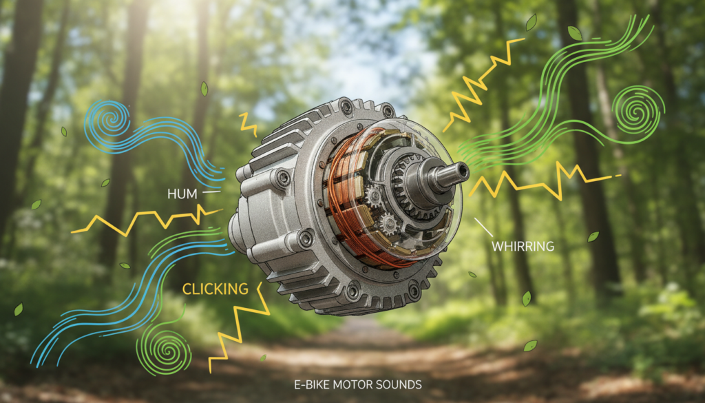 A detailed illustration showcasing the typical sounds emitted by an E-Bike motor. In the foreground, a close-up of an E-Bike motor with intricate components visible, such as wires, gears, and the casing, highlighting texture and design. In the middle, sound waves radiate outward from the motor, visualized in a dynamic way, symbolizing different sound types like humming, clicking, and whirring, each represented with distinct colors and shapes. The background features a serene outdoor setting, with a blurred path and trees, conveying a peaceful atmosphere. The lighting is bright and natural, emphasizing clarity and detail. Use a slightly angled perspective to enhance depth, ensuring the overall mood is educational yet inviting. A detailed illustration showcasing the typical sounds emitted by an E-Bike motor. In the foreground, a close-up of an E-Bike motor with intricate components visible, such as wires, gears, and the casing, highlighting texture and design. In the middle, sound waves radiate outward from the motor, visualized in a dynamic way, symbolizing different sound types like humming, clicking, and whirring, each represented with distinct colors and shapes. The background features a serene outdoor setting, with a blurred path and trees, conveying a peaceful atmosphere. The lighting is bright and natural, emphasizing clarity and detail. Use a slightly angled perspective to enhance depth, ensuring the overall mood is educational yet inviting.
