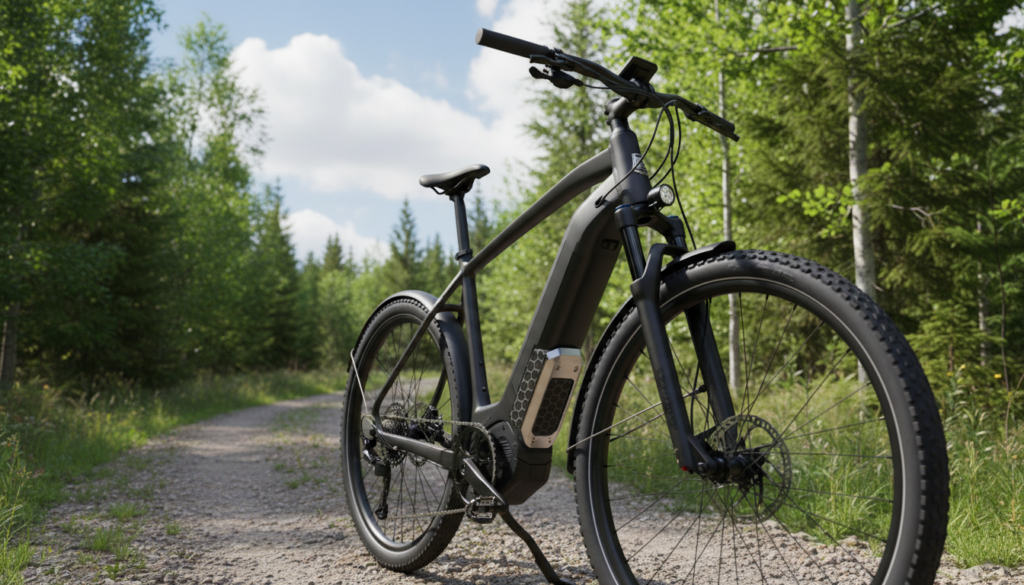 A sleek and modern e-bike positioned prominently in the foreground, showcasing an innovative transport protection for its motor, designed to withstand impacts and shield against debris. The motor cover is detailed with textured materials reflecting its durability. In the middle ground, a scenic outdoor setting illustrates a gravel path surrounded by lush green trees, enhancing the idea of off-road capability. The background features a blue sky with soft clouds, suggesting a bright, sunny day. The lighting is natural and bright, emphasizing the e-bike's sleek curves and the protective cover’s design. The image conveys a sense of adventure and reliability, suitable for conveying the advantages of e-bike motor protection during transport and against stone impacts. A sleek and modern e-bike positioned prominently in the foreground, showcasing an innovative transport protection for its motor, designed to withstand impacts and shield against debris. The motor cover is detailed with textured materials reflecting its durability. In the middle ground, a scenic outdoor setting illustrates a gravel path surrounded by lush green trees, enhancing the idea of off-road capability. The background features a blue sky with soft clouds, suggesting a bright, sunny day. The lighting is natural and bright, emphasizing the e-bike's sleek curves and the protective cover’s design. The image conveys a sense of adventure and reliability, suitable for conveying the advantages of e-bike motor protection during transport and against stone impacts.