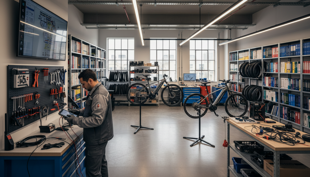 A bustling E-Bike inspection workshop, showcasing a well-equipped space with several bicycles in various stages of inspection. In the foreground, a skilled technician in professional work attire examines an E-Bike with diagnostic tools. The middle ground features organized racks displaying tools and replacement parts, along with an open repair station cluttered with gear and components. The background includes bright overhead lighting, large windows letting in natural light, and shelves filled with bike maintenance manuals. The atmosphere conveys a sense of efficiency and expertise, highlighting the importance of professional E-Bike maintenance in a clean, modern workshop environment. A bustling E-Bike inspection workshop, showcasing a well-equipped space with several bicycles in various stages of inspection. In the foreground, a skilled technician in professional work attire examines an E-Bike with diagnostic tools. The middle ground features organized racks displaying tools and replacement parts, along with an open repair station cluttered with gear and components. The background includes bright overhead lighting, large windows letting in natural light, and shelves filled with bike maintenance manuals. The atmosphere conveys a sense of efficiency and expertise, highlighting the importance of professional E-Bike maintenance in a clean, modern workshop environment.