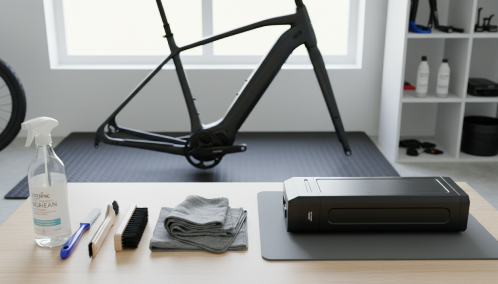 A clean and organized workspace featuring an E-bike battery being prepared for cleaning. In the foreground, a set of tools like soft brushes, microfiber cloths, and a gentle cleaning solution sit neatly on a table. The midground showcases a high-quality E-bike with its battery removed, resting on a protective mat. In the background, well-lit shelves display various E-bike maintenance tools and cleaning supplies. Soft, natural lighting illuminates the scene, enhancing the shiny surfaces and highlighting the intricate details of the E-bike battery. The atmosphere is calm and focused, emphasizing the importance of preparation before washing the E-bike. The composition is shot from a slightly elevated angle, providing a top-down view that captures the entire setup without any distractions. A clean and organized workspace featuring an E-bike battery being prepared for cleaning. In the foreground, a set of tools like soft brushes, microfiber cloths, and a gentle cleaning solution sit neatly on a table. The midground showcases a high-quality E-bike with its battery removed, resting on a protective mat. In the background, well-lit shelves display various E-bike maintenance tools and cleaning supplies. Soft, natural lighting illuminates the scene, enhancing the shiny surfaces and highlighting the intricate details of the E-bike battery. The atmosphere is calm and focused, emphasizing the importance of preparation before washing the E-bike. The composition is shot from a slightly elevated angle, providing a top-down view that captures the entire setup without any distractions.