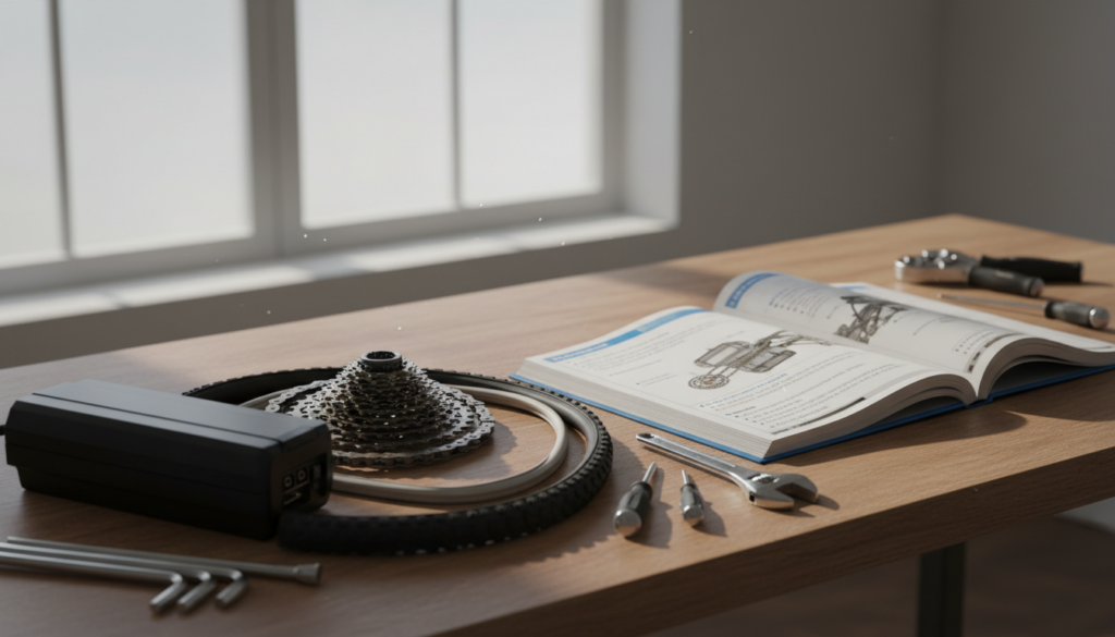 A close-up composition focusing on a tabletop spread of essential e-bike maintenance tools and spare parts. In the foreground, display a variety of e-bike components like batteries, gears, and tires, organized neatly on a wooden workbench, accompanied by useful maintenance tools such as wrenches and screwdrivers. In the middle ground, a maintenance manual lies open, showing detailed diagrams and tips on upkeep, highlighting a professional, knowledgeable atmosphere. In the background, soft natural lighting filters through a window, casting gentle shadows and providing a warm and inviting ambiance. The overall mood reflects professionalism and clarity, emphasizing the importance of proper maintenance and accessibility of parts for e-bike repair. A close-up composition focusing on a tabletop spread of essential e-bike maintenance tools and spare parts. In the foreground, display a variety of e-bike components like batteries, gears, and tires, organized neatly on a wooden workbench, accompanied by useful maintenance tools such as wrenches and screwdrivers. In the middle ground, a maintenance manual lies open, showing detailed diagrams and tips on upkeep, highlighting a professional, knowledgeable atmosphere. In the background, soft natural lighting filters through a window, casting gentle shadows and providing a warm and inviting ambiance. The overall mood reflects professionalism and clarity, emphasizing the importance of proper maintenance and accessibility of parts for e-bike repair.