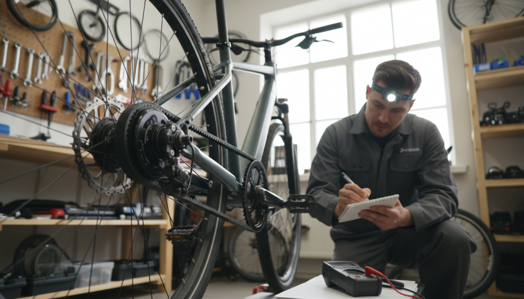 A close-up of a modern E-Bike with a visible belt drive system, showcasing its intricate components like the belt, pulleys, and gears. The foreground highlights the belt drive, with tools like a torque wrench and multimeter resting next to it, symbolizing maintenance. In the middle ground, include a mechanic in a neat professional outfit, examining the belt drive and taking notes, conveying a dedicated approach to bike maintenance. The background features a well-organized workshop with bike parts neatly arranged on shelves and soft, diffused lighting that evokes a clean and orderly atmosphere. The angle should be slightly tilted to create depth, enhancing the focus on the E-Bike's details and the mechanic's focused expression. A close-up of a modern E-Bike with a visible belt drive system, showcasing its intricate components like the belt, pulleys, and gears. The foreground highlights the belt drive, with tools like a torque wrench and multimeter resting next to it, symbolizing maintenance. In the middle ground, include a mechanic in a neat professional outfit, examining the belt drive and taking notes, conveying a dedicated approach to bike maintenance. The background features a well-organized workshop with bike parts neatly arranged on shelves and soft, diffused lighting that evokes a clean and orderly atmosphere. The angle should be slightly tilted to create depth, enhancing the focus on the E-Bike's details and the mechanic's focused expression.